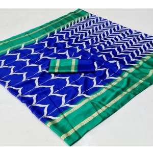 Women’s Cotton Printed Saree With Unstitched Blouse (Blue, 5-5 Mtrs)