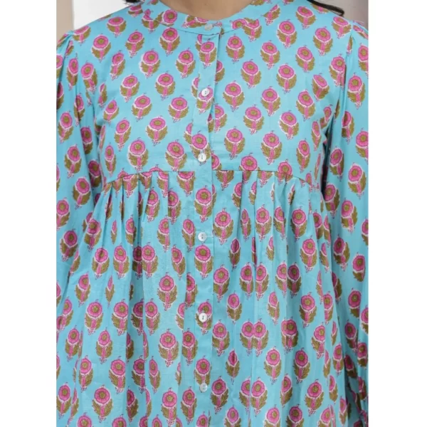 Women's Cotton Printed Full Sleeve Mandarin collar Tunics (Turquoise)