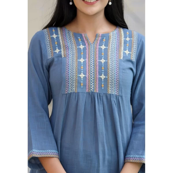 Women's Cotton Embroidered 3/4 Sleeve V-Neck Top (Blue)