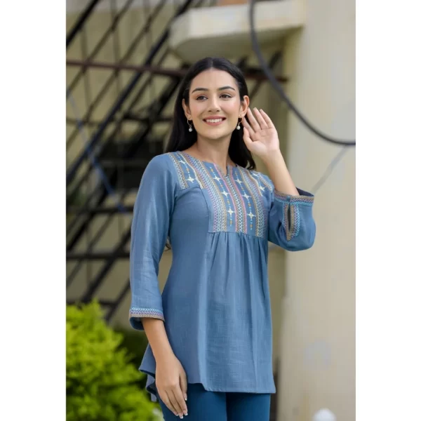 Women's Cotton Embroidered 3/4 Sleeve V-Neck Top (Blue)