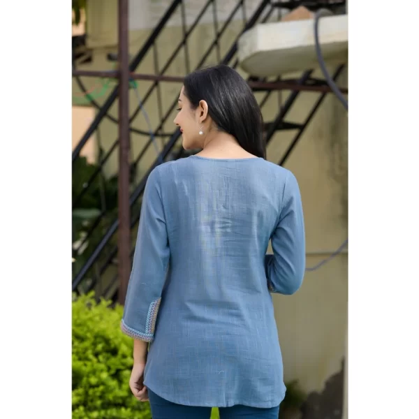 Women's Cotton Embroidered 3/4 Sleeve V-Neck Top (Blue)