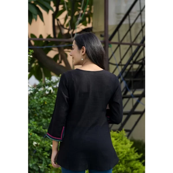 Women's Cotton Embroidered 3/4 Sleeve V-Neck Top (Black)