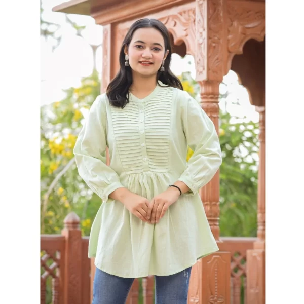Women's Cotton Solid Full Sleeve Band collar Tunic (Green)
