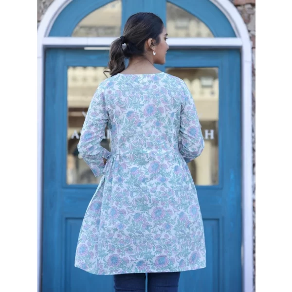 Women's Cotton Printed 3/4 Sleeve Round Neck Tunics (White-Purple)