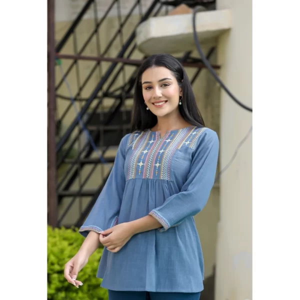 Women's Cotton Embroidered 3/4 Sleeve V-Neck Top (Blue)