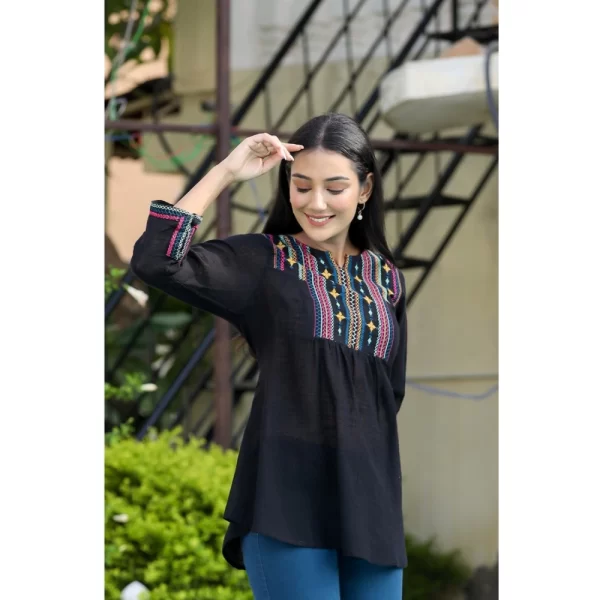 Women's Cotton Embroidered 3/4 Sleeve V-Neck Top (Black)