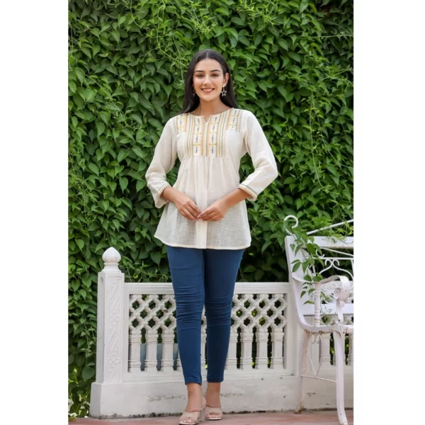 Women's Cotton Embroidered 3/4 Sleeve V-Neck Top (Off White)
