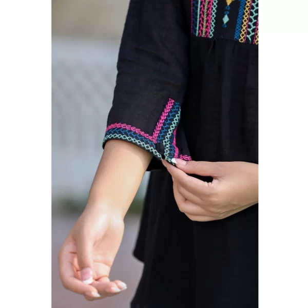 Women's Cotton Embroidered 3/4 Sleeve V-Neck Top (Black)