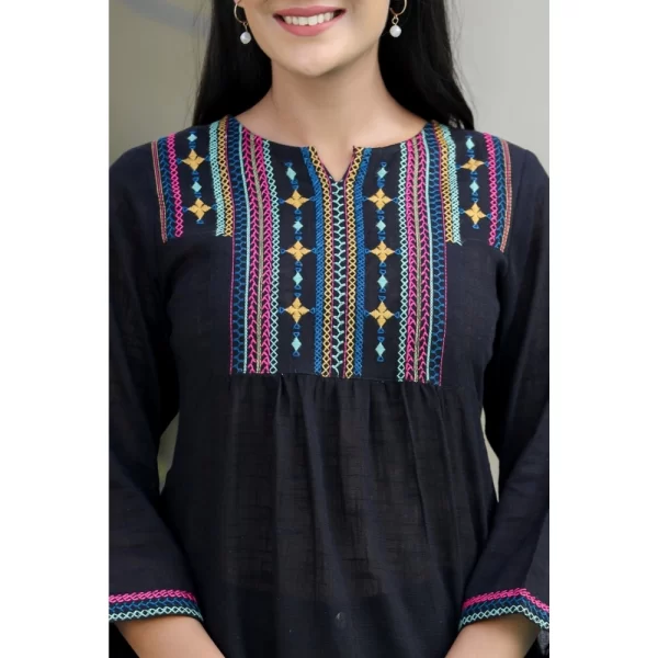 Women's Cotton Embroidered 3/4 Sleeve V-Neck Top (Black)