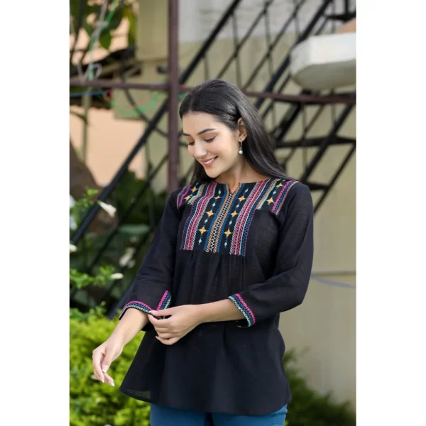 Women's Cotton Embroidered 3/4 Sleeve V-Neck Top (Black)