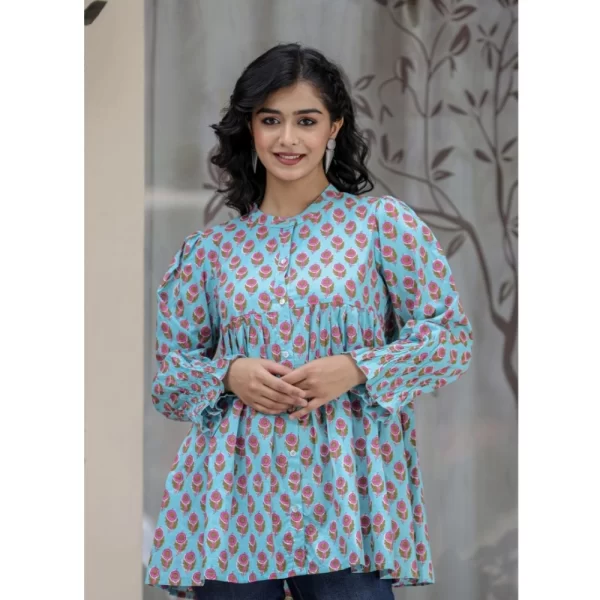 Women's Cotton Printed Full Sleeve Mandarin collar Tunics (Turquoise)