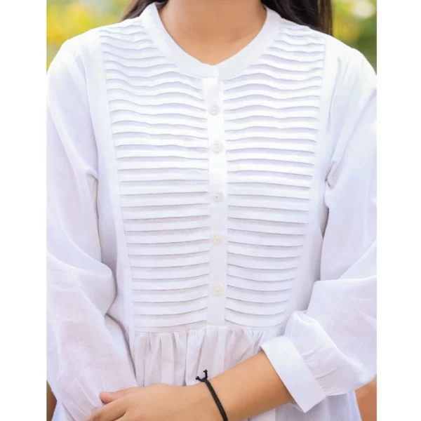 Women's Cotton Solid Full Sleeve Band collar Tunic (White)
