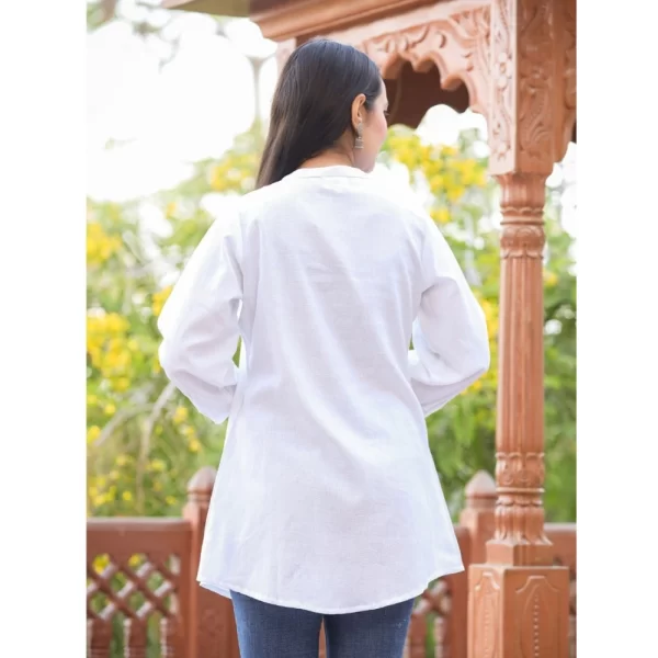 Women's Cotton Solid Full Sleeve Band collar Tunic (White)