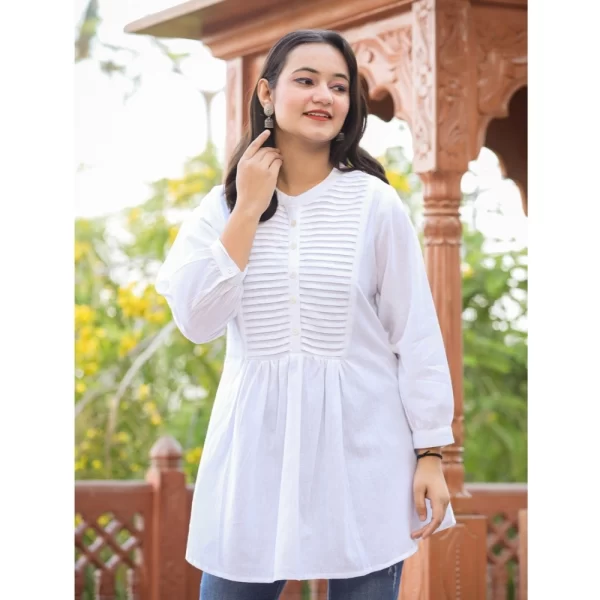 Women's Cotton Solid Full Sleeve Band collar Tunic (White)