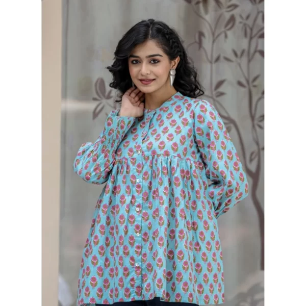 Women's Cotton Printed Full Sleeve Mandarin collar Tunics (Turquoise)