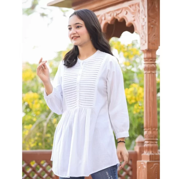 Women's Cotton Solid Full Sleeve Band collar Tunic (White)