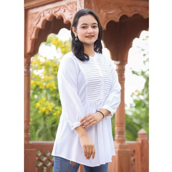 Women's Cotton Solid Full Sleeve Band collar Tunic (White)