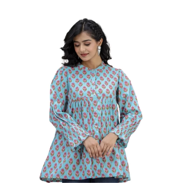 Women's Cotton Printed Full Sleeve Mandarin collar Tunics (Turquoise)