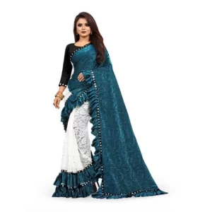 Women’s Silk With Mirror Lace Solid Saree With Unstitched Blouse (Rama, 5-5 Mtrs)