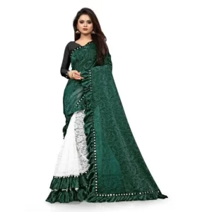 Women’s Silk With Mirror Lace Solid Saree With Unstitched Blouse (Green, 5-5 Mtrs)