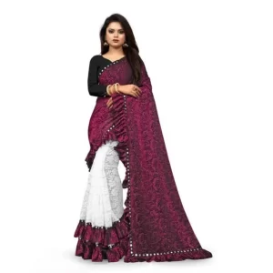 Women’s Silk With Mirror Lace Solid Saree With Unstitched Blouse (Pink, 5-5 Mtrs)