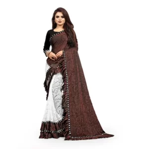 Women’s Silk With Mirror Lace Solid Saree With Unstitched Blouse (Brown, 5-5 Mtrs)