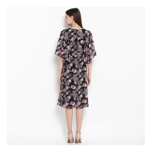 Women's Polyester Floral Short Sleeve Knee-Length Dress (Black - Multicolor)