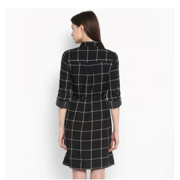 Women's Polyester Checkered Roll Up Sleeve Above Knee Dress (Black - White)