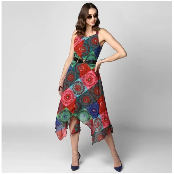 Women's Polyester Asymmetrical Shoulder Straps Knee-Length Dress (Multicolor)