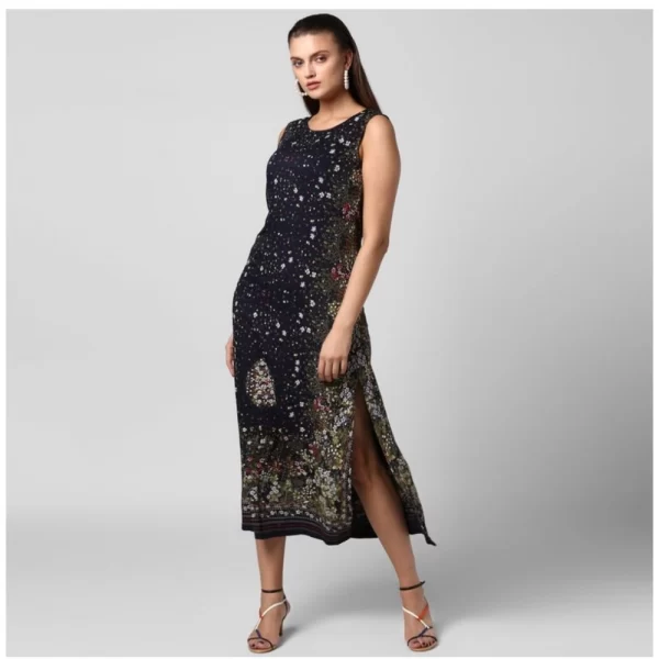 Women's Rayon Floral Sleeveless Calf-length Dress (Black)