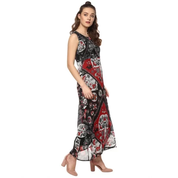 Women's Polyester Printed Sleeveless Dress (Red - Black)