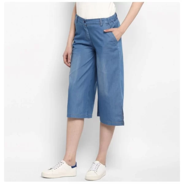 Women's Denim Solid Buttoned Below Knee Culottes (Light Blue)