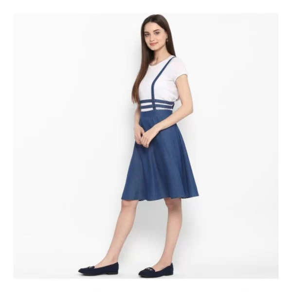 Women's Denim Solid Shoulder Straps Below Knee Dress (Blue)