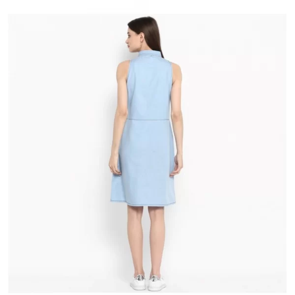 Women's Denim Solid Sleeveless Below Knee Dress (Blue)