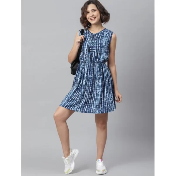 Women's Rayon Tie & Dye Sleeveless Above Knee Dress (Blue)