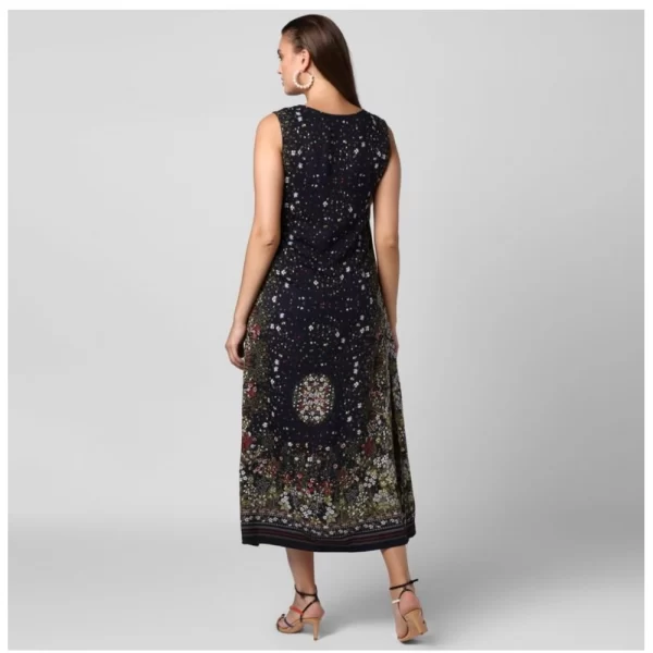 Women's Rayon Floral Sleeveless Calf-length Dress (Black)