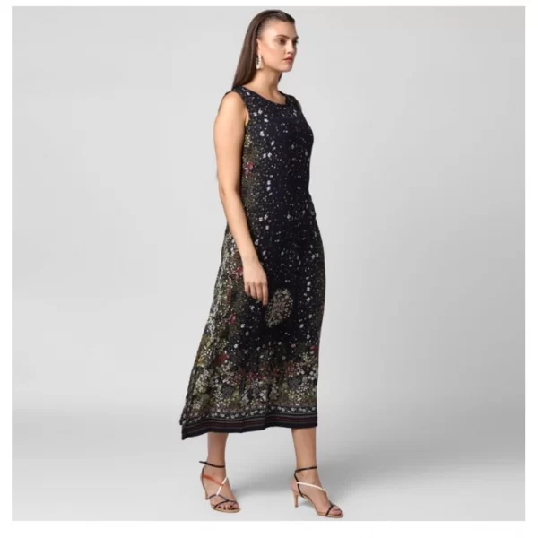 Women's Rayon Floral Sleeveless Calf-length Dress (Black)