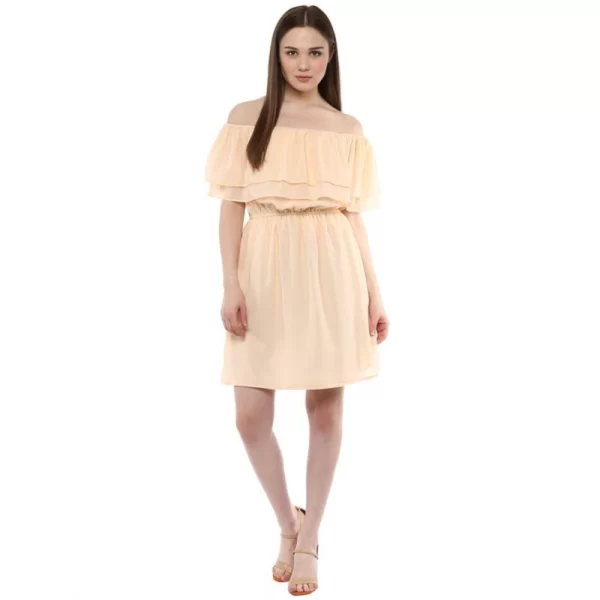 Women's Polyester Solid Sleeveless Knee-Length Dress (Beige)