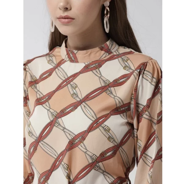 Women's Polyester Checkered Long Sleeves Above Knee Dress (Off White - Brown)