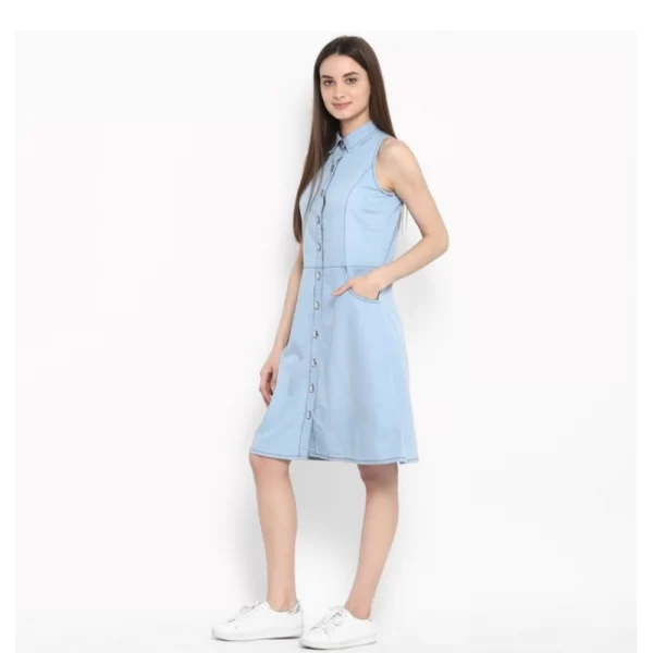 Women's Denim Solid Sleeveless Below Knee Dress (Blue)