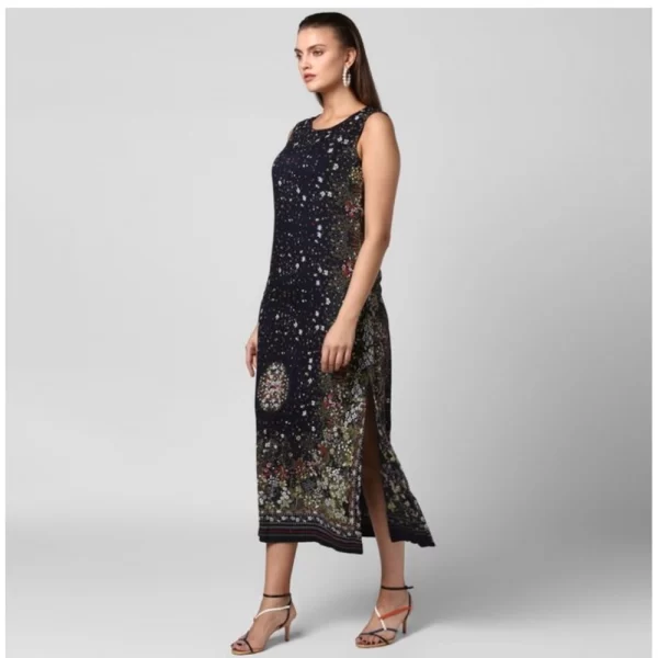 Women's Rayon Floral Sleeveless Calf-length Dress (Black)