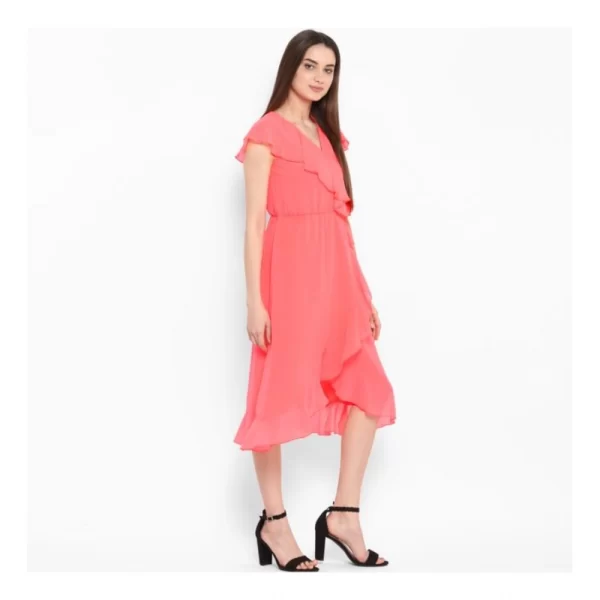 Women's Polyester Ruffled Cap Sleeve Below Knee Dress (Coral Pink)