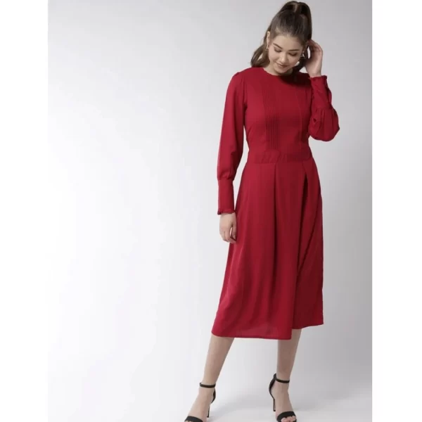 Women's Polyester Pintuck Long Sleeves Below Knee Dress (Red)