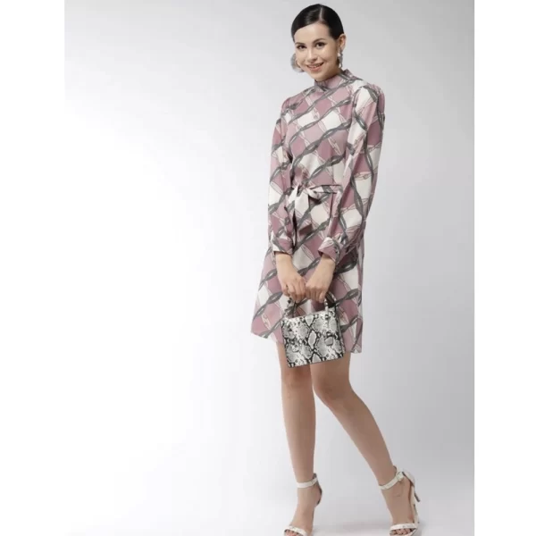 Women's Polyester Checkered Long Sleeves Above Knee Dress (Off White - Lavender)