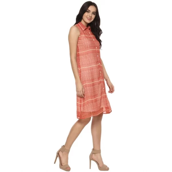 Women's Polyester Printed Sleeveless Above Knee Dress (Orange)
