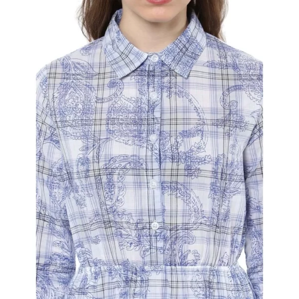 Women's Cotton Checkered Roll Up Sleeve Above Knee Dress (Blue)