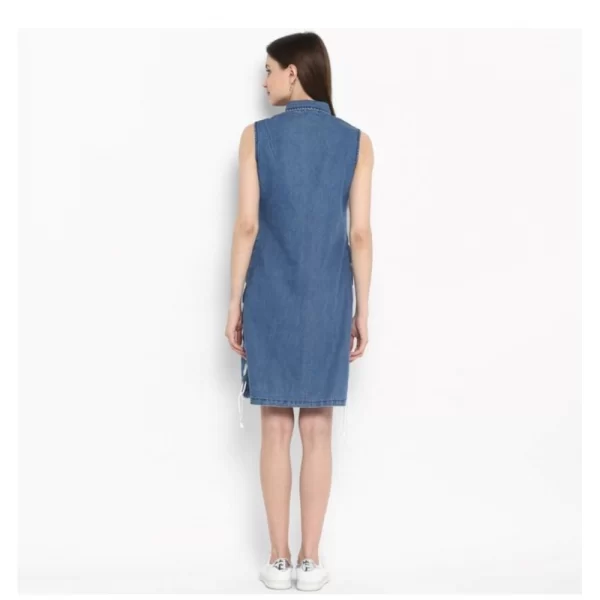 Women's Denim Solid Sleeveless Above Knee Dress (Blue)
