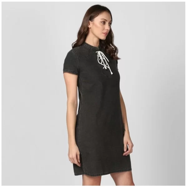 Women's Denim Solid Short Sleeve Above Knee Dress (Black)