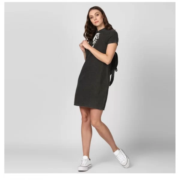 Women's Denim Solid Short Sleeve Above Knee Dress (Black)