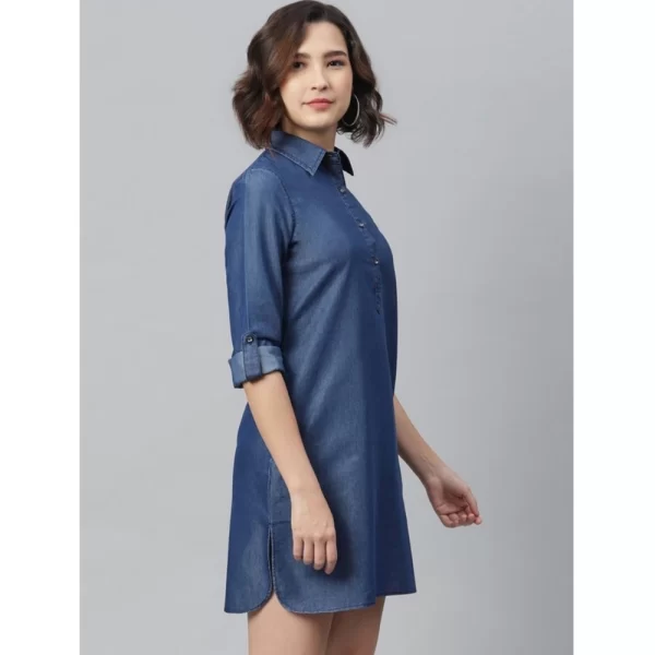 Women's Denim Solid Long Sleeves Above Knee Dress (Navy Blue)